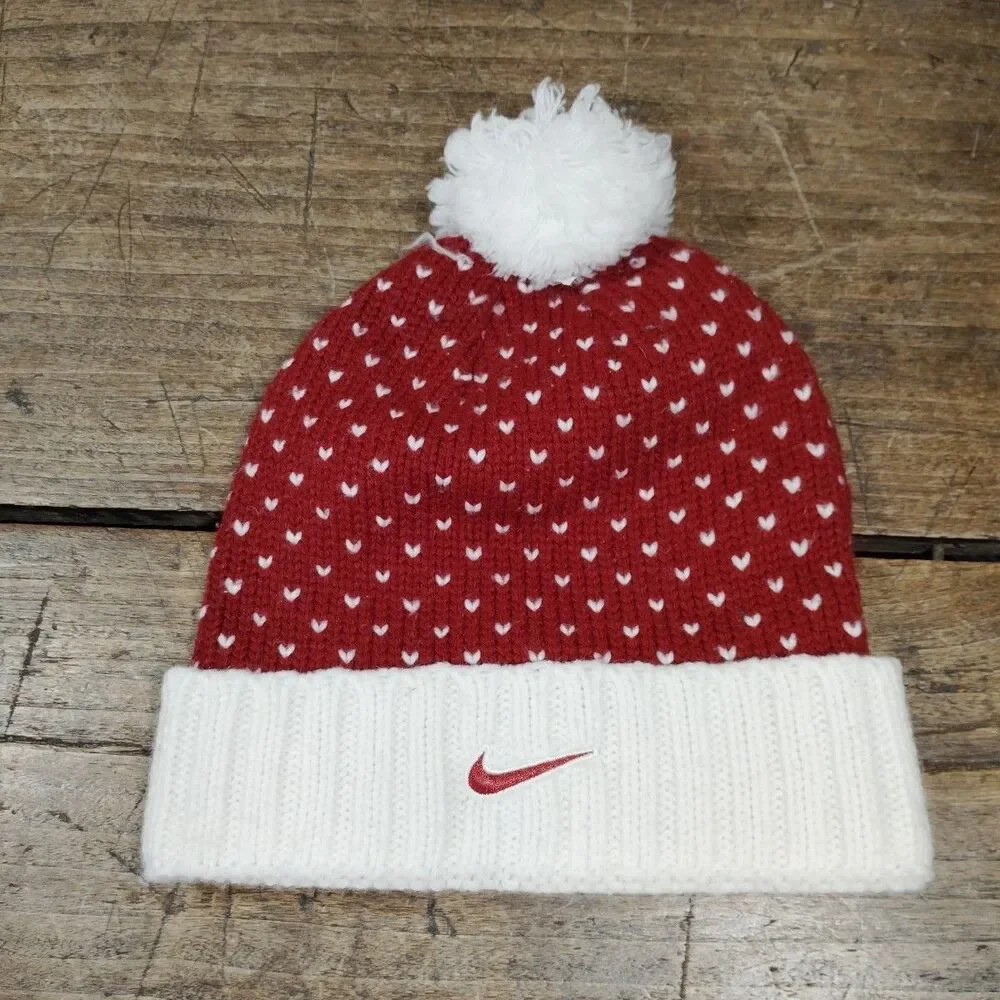 NIKE Alabama Crimson Tide Football Knit Pom Cap White Red Heart Winter One Size